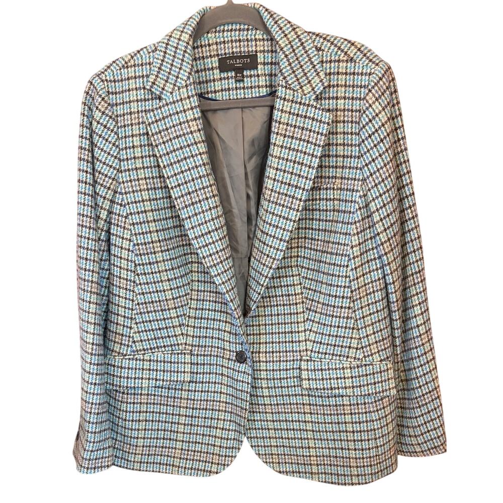 Talbots 16W Blazer Wool Blend Blue Black Cream Plaid Light Academia Officecore